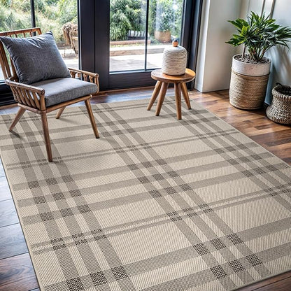 CAMILSON Easy Jute Rug 5x7, Indoor Outdoor Off-White Color Fiber Area Rugs for Living Room Patio and Kitchen Rug Checkred Boho Woven Design, Easy-Cleaning, Washable Outside Carpet (5 x 7)