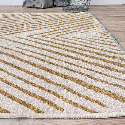 Alfa Rich 7x10 Geometric Gold Off White Washable Area Rugs for Living Room Bedroom Cotton Rug