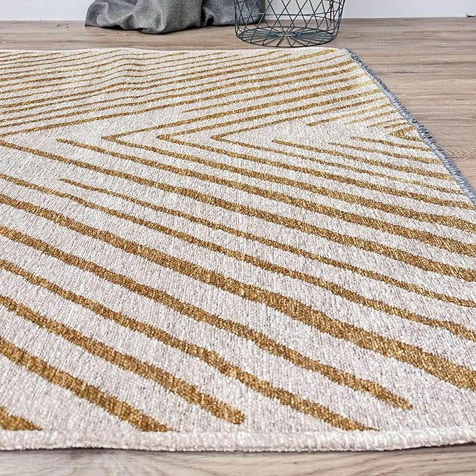 Alfa Rich 4x6 Geometric Gold Off White Washable Area Rugs for Living Room Bedroom Kitchen Cotton Rug