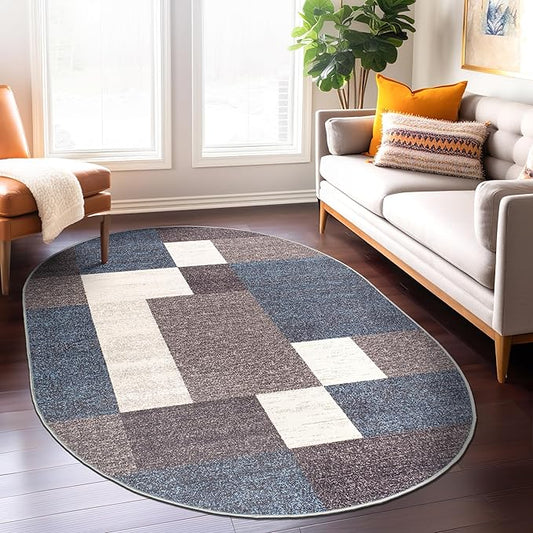 Rugshop Modern Boxes Design Non-Slip (Non-Skid) Carpet Oval Area Rug for Entryway,Kitchen,Living Room 5' x 7' Blue