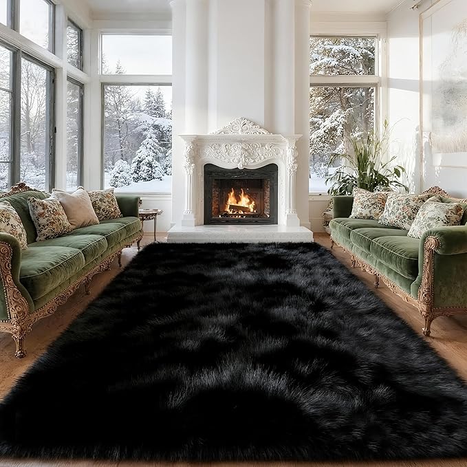 6x9 Shag Large Rugs for Living Room Bedroom, Fluffy Soft Durable Non-Shedding, Shaggy Bedside Rug for Dorm, Indoor Floor Carpet for Kids Girls and Boys, Dorms, Nursery Rooms, Home Decor, Black