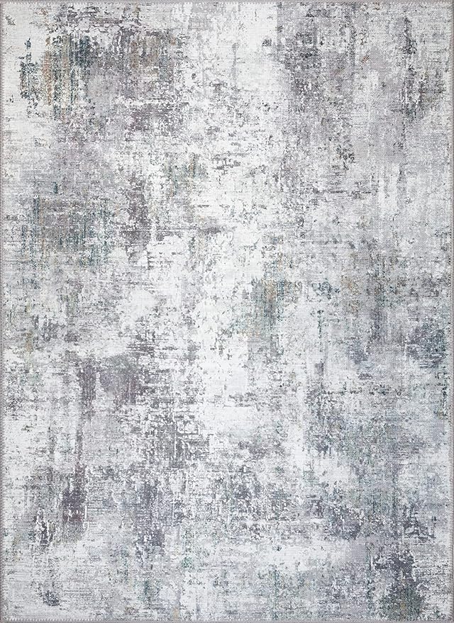 GLN Rugs Contemporary Collection - Machine Washable Area Rug, Contemporary Washable, Non Slip, Low Pile Chenille Rug, Living Room, Bedroom, Kitchen Rug (5' x 7' Grey/Green)