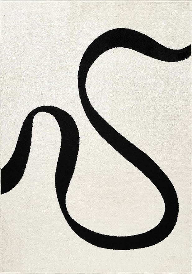 Abani Abstract Beige/Black Area Rug - 8'x10' - Modern Curved Line Design - Deco Collection - Easy to Clean - Durable for High Traffic Areas - Living Room, Dining Room - Medium Pile