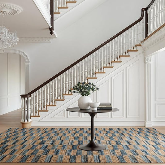 Dash & Albert Ravel Stripe Blue Machine Washable Rug, 8.5 X 11.5 Feet, Tan/Blue Stripe Pattern