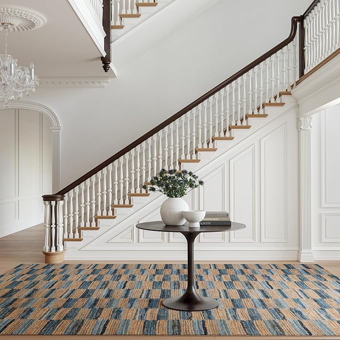Dash & Albert Ravel Stripe Blue Machine Washable Rug, 5 X 8 Feet, Tan/Blue Stripe Pattern