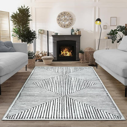 Bloom Rugs Washable Non-Slip 9' x 12' Rug - Black/Ivory Striped Area Rug for Living Room, Bedroom, Dining Room, and Kitchen - Exact Size: 9' x 12'