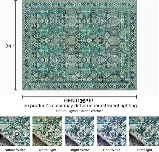 Bavni 2x3 Entryway Rug Bathroom Rugs for Front Door Bedroom Bathroom Kitchen, Washable Vintage Print Carpet, Ultra-Thin Chenille Lightweight Rug with Non Slip Backing, Dark Green
