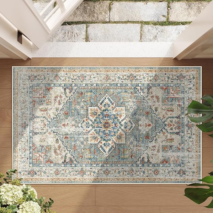 Enkor Area Soft Rugs 2x3 Washable Non Slip Boho Small Floor Entryway Rugs for Living Room Bedroom, Vintage Style Farmhouse Mat for Kitchen Beige & Green