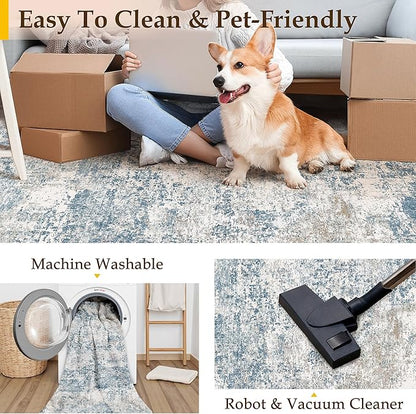 Blue 3x5 Area Rug Washable Abstract Office Carpet Modern Neutral Non Slip Indoor Entry Soft Low Pile Contemporary Aesthetic Door Mat Bedroom Throw Rug for Kitchen Laundry Dining Room