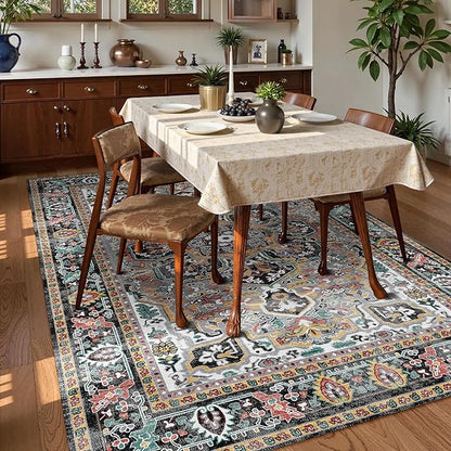 Washable Area Rug 8' x 10' Vintage Traditional Persian Mat - Foldable Distressed Non-Slip Machine Washable Carpet for Living Room Bedroom Kitchen Home Decor - Slate and Multicolor