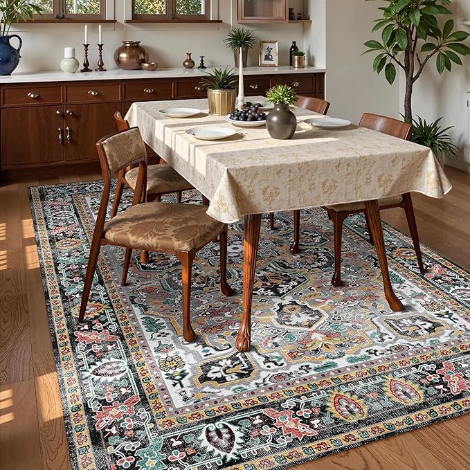Washable Area Rug 6' x 9' Vintage Traditional Persian Mat - Foldable Distressed Non-Slip Machine Washable Carpet for Living Room Bedroom Kitchen Home Decor - Slate and Multicolor