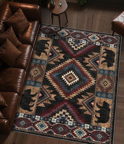 YIHOUSE Rustic Cabin Area Rug for Bedroom 6x9,Machine Washable Lodge Bear Rug,Non-Slip Low Pile Print Pattern Western Rug for Living Room