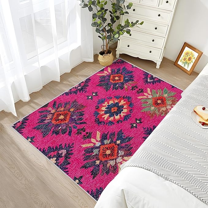 6x8 Rug Non Silp - Southwestern Rugs for Living Room, Ethnic Vintage Floral Medallion Low Pile Machine Washable Area Rugs for Bedroom, Southwestern Carpet House Decor & Gifts