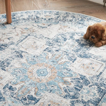 jinchan Kelda Round Rug 6ft Washable Area Rug Indoor Vintage Bedroom Floor Cover Distressed Circle Mat 6' Round Lightweight Non Slip Low Pile Thin Farmhouse Carpet for Living Room Dining Room Blue
