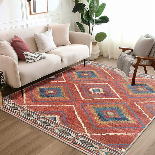 Area Rug 4x4 Rug Machine Washable Non-Slip Low Pile Print Pattern Western Rug for Living Room Bedroom Entryway Tribal Series -Red/Orange