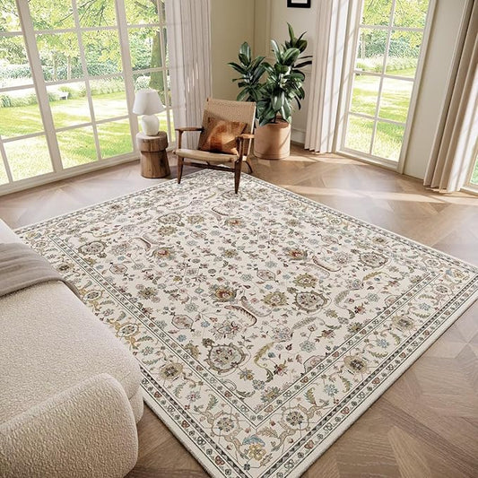 Washable 5x7 Area Rugs for Living Room, Boho Non-Slip Vintage Distress Rugs for Bedroom Dining Room Nursery Office, 0.3" Neutral Oriental Throw Thin Carpet with Cushioning Pad, Beige/Rust/Green/Multi