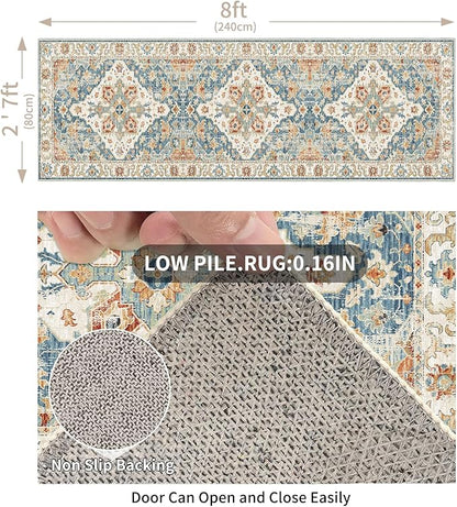 Enkor Runner Rugs for Hallway, 2.6x8 Washable Soft Non Slip Floor Rugs for Kitchen, Modern Mat for Living Room Bedroom Entryway Orange & Blue