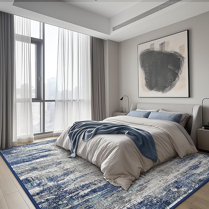 Bavni 10x14 Area Rugs, Modern Living Room Rugs, Large Machine Washable Rug Non-Slip, Soft Pet Friendly Rugs for Bedroom, Playroom, Dining Room, Blue/Ivory