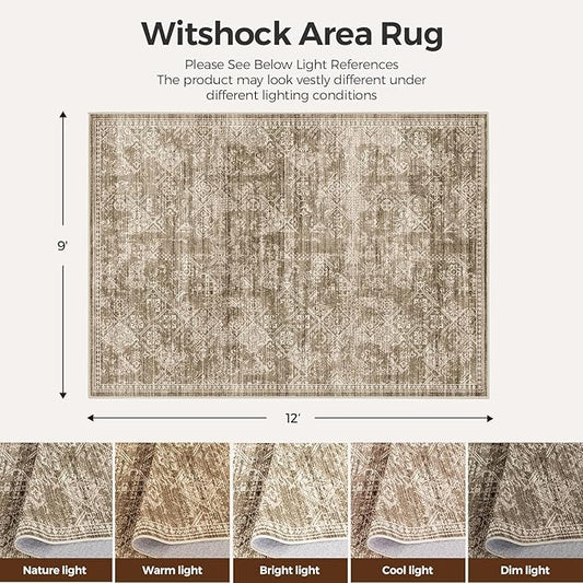 WITSHOCK 9x12 Area Rugs for Living Room: Machine Washable Non Slip Modern Abstract Carpet - Low Pile Print Rug for Bedroom Dining Room - Stain Resistant for Household - Pet Owners (Earthy Brown)