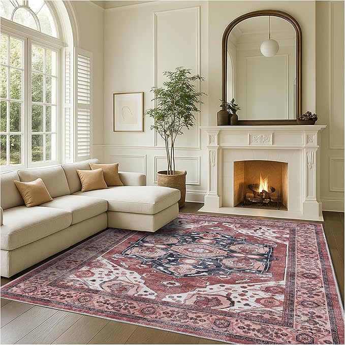 Turkish Rug. Washable Vintage Oriental Antique Inspired Traditional Doormat Small Modern Area Rugs Luxury Entryway Entry Bedroom Bathroom Kitchen (404RR, 2'5 x 9'8)