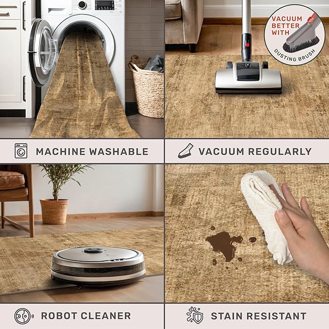 Brown and Gold Rugs for Living Room 5x7 Rug - Abstract Grey Office Rug for Fireplace, Home Office, Bedroom, Washable Non Slip Soft, Medallion Indoor Décor
