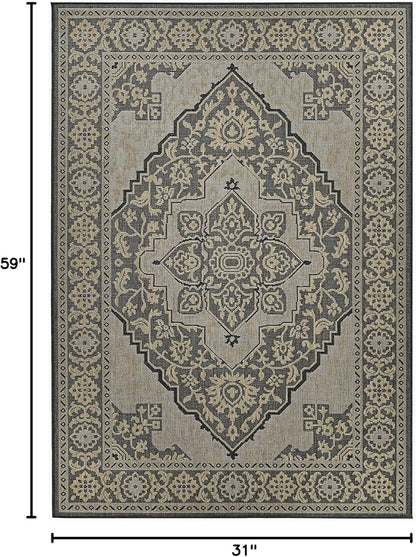 FH Home Flat Woven Outdoor Rug - Waterproof, Easy to Clean, Stain Resistant - Premium Polypropylene Yarn - Vintage - Porch, Deck, Balcony,Laundry Room - Ankara - Charcoal - 2ft 8in x 4 ft 11in