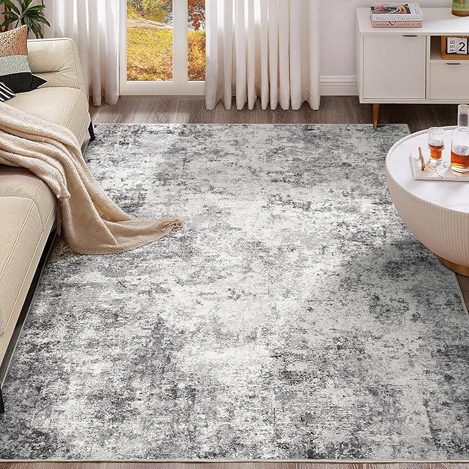 7x9 Area Rug Living Room Rugs - Washable Neutral Modern Abstract Soft Thin Large Rug Indoor Floor No Slip Rug Carpet for Bedroom Under Dining Table Home Office Decor - Grey