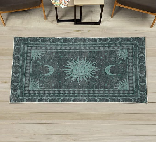 Ambesonne Sun and Moon Decorative Rug, Bohemian Artwork Design of Crescent Solar Ornament Esoteric Stars Ornaments, Quality Carpet for Bedroom Dorm and Living Room, 2' 2" x 3' 7", Grey Teal