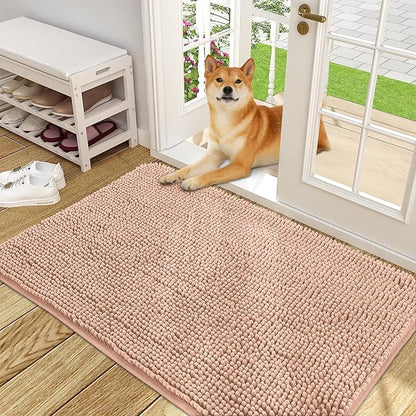 OLANLY Dog Door Mat for Muddy Paws 48x30, Absorbs Moisture and Dirt, Absorbent Non-Slip Washable Doormat, Quick Dry Chenille Mud Mat for Dogs, Entry Indoor Entryway Carpet for Inside Floor, Peach