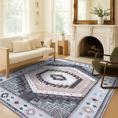 Fame Living Washable Area Rug. Modern Farmhouse. Vintage. Turkish. Bohemian. Distressed. Oriental. Traditional. Rugs for Living Room. Dining. Bedroom. Office. Entryway. Foyer. (856BlckGry, 2'5" x 13')