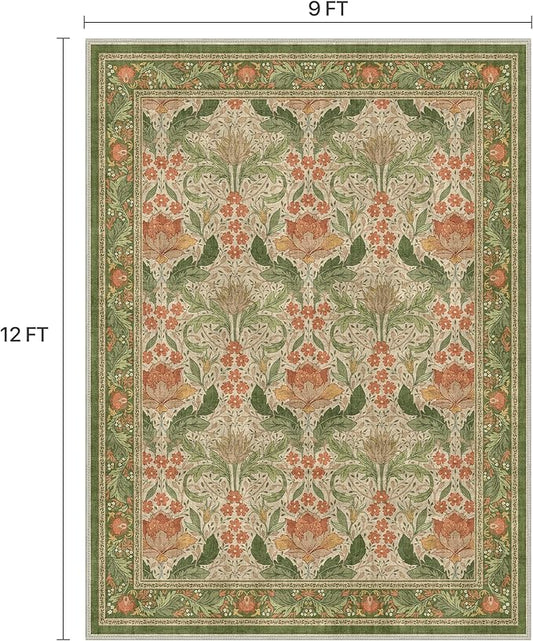 Bavni 9x12 Area Rugs, Floral Machine Washable Rugs for Living Room, Dinning Room, Bedroom, Non Slip Aesthetic Vintage Low Pile Durable Lightweight Farmhouse Rug, Sage Green & Burnt Orange