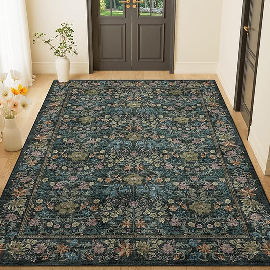 DUKINO 4x6 Rugs for Living Room, Lightweight Non Slip Washable Rug with Low Pile Design, Vintage Floral Non-Shedding Soft Carpet for Living Room, Bedroom, Farmhouse, Office, Bathroom, Blue
