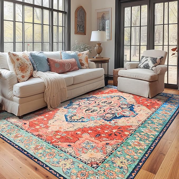 YJ.GWL Area Rugs for Living Room 5x7 Machine Washable Rugs, Non Slip Floral Vintage Rug Indoor Carpet, Stain Resistant Large Rug for Bedroom Dining Room, Red Blue Gradient Color