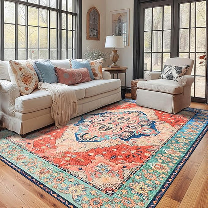 YJ.GWL Area Rugs for Living Room 5x7 Machine Washable Rugs, Non Slip Floral Vintage Rug Indoor Carpet, Stain Resistant Large Rug for Bedroom Dining Room, Red Blue Gradient Color