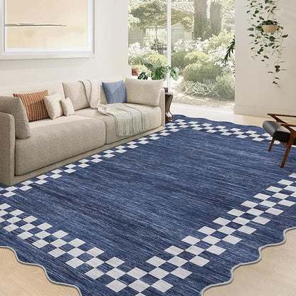 GarveeHome 10x13 Area Rug Large Living Room Scalloped Rug Non Slip Low Pile Bedroom Throw Carpet Soft Modern Bordered Dining Room Rug Stain Resistant Boho Carpet for Home Office, Blue