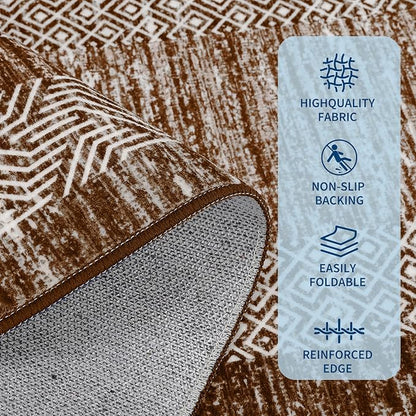 GarveeHome Large Washable Rug 9x12 Modern Geometric Non Slip Distressed Bordered Printed Rug, Soft Non Shedding Indoor Carpet, Low Pile Thin Foldable Mats for Open Spaces Offices, Brown