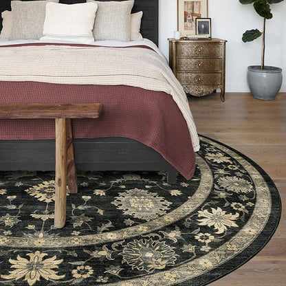 Washable Round Area Rug 8ft - Charcoal Black Traditional Floral Living Room Circle Rug 8x8 Non-Slip Farmhouse Dining Room Carpet Soft Vintage Boho Round Rugs for Bedroom Office Entryway