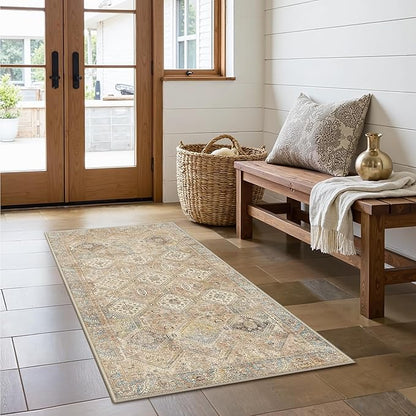 Bavni 3x5 Area Rugs for Living Room, Machine Washable Rug Non Slip, Vintage Chenille Distressed Print Carpet, Large Low Pile Ultra-Thin Lightweight Rugs for Bedroom, Dining Room, Office, Wood Brown