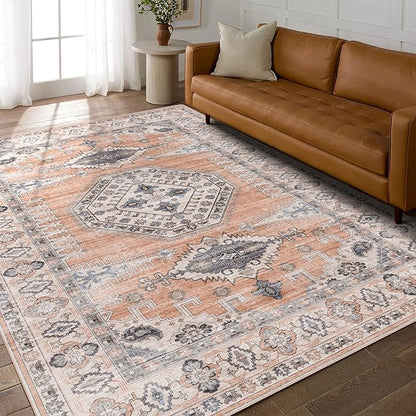 vivorug 3x5 Rug, Small Area Rug for Living Room, Bedroom, Kitchen, Machine Washable Non-Slip Throw Rug, Vintage Distressed Carpet for Entryway Nursery Dinner Room, Orange