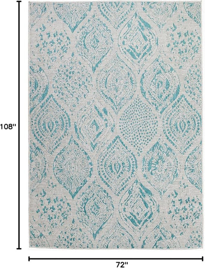 FH Home Outdoor Rug - Waterproof Easy to Clean Stain Resistant - Patio Indoor Outdoor Porch Deck Balcony Entryway - Distressed Farmhouse - Granada - Aqua - 6' x 9'