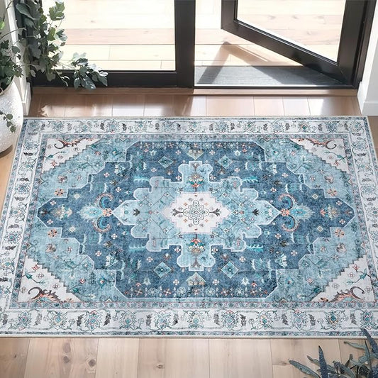 SERISSA Boho Rugs for Entryway, 2x3 Blue Entryway Rug Non-Slip Washable Small Area Rug, Ultra Soft Oriental Vintage Low-Pile Indoor Door Mat Floor Carpet for Entrance Bedroom Kitchen Bathroom