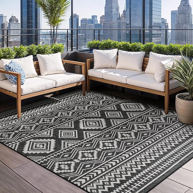 Beverly Rug Waikiki Boho Indoor Outdoor Rug 8x10, Washable Outside Carpet for Patio, Deck, Porch, Bohemian Area Rug, Farmhouse Rugs, Aztec Tribal Rug, Black and White
