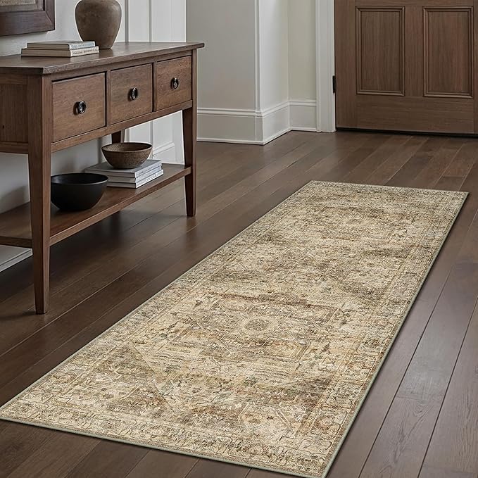 Brown Multi Hallway Runner Rug 2x7 Vintage Washable Distressed Area Carpet Kitchen Indoor Non Slip Long Traditional Medallion Retro Accent Throw Rug for Bedroom Laundry Dining Living Room