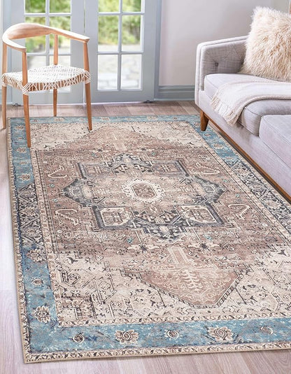 GLN Rugs Traditional Collection - Machine Washable Area Rug, Traditional Washable, Non Slip, Low Pile Chenille Rug, Living Room, Bedroom, Kitchen Rug (4' x 6' Brown/Blue)