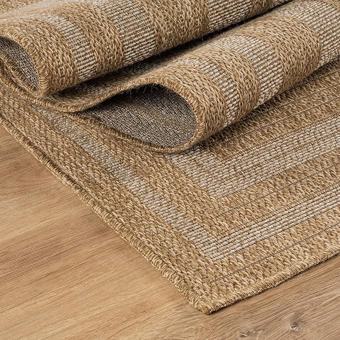 Beverly Rug Easy Jute Framed Border Runner Rug 2x7 Washable Durable Indoor Outdoor Area Rugs for Living Room Patio Office Stain Resistant Non Shedding Casual Indoor Outside Carpet 2 x 7 Natural