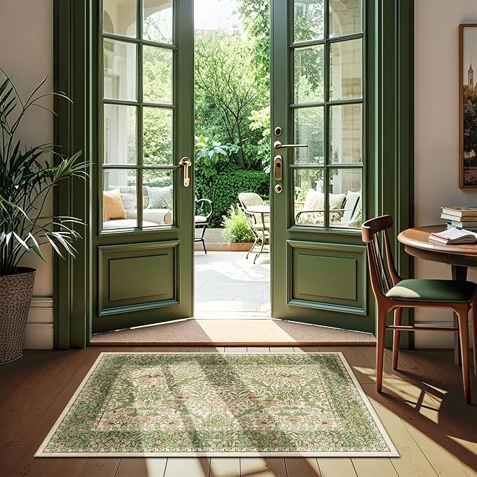 2x3 Floral Washable Area Rug for Entryway, Vintage Boho Rugs for Living Room Bedroom Dining Room, Botanical Birds Non Slip Low Pile Forest Animal Throw Carpet for Farmhouse Office, Retro Pink/Green