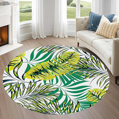 Tropical Round Rug 5ft, Watercolor Palm Leaves Pattern Low Pile Circle Carpet, Non-Slip Washable & Non-Shedding Indoor Mat for Bedroom, Entrance, Office Decor