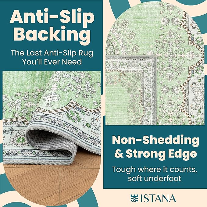 Istana Hallway Runner Rug 2.5x8 - Green Kitchen Rugs Non Slip Washable -Silk's Soft Touch Carpet Runner - Stylish Rugs for Home