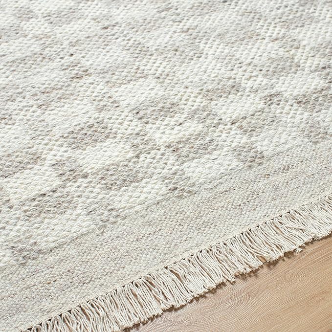 Mark&Day Wool Rugs, 2x8 Clinten Solid and Border Light Gray Runner Checkered Rug, Grey Ivory Carpet for Hallway, Kitchen, Bedroom or Living Room (2'6" x 8' Runner)