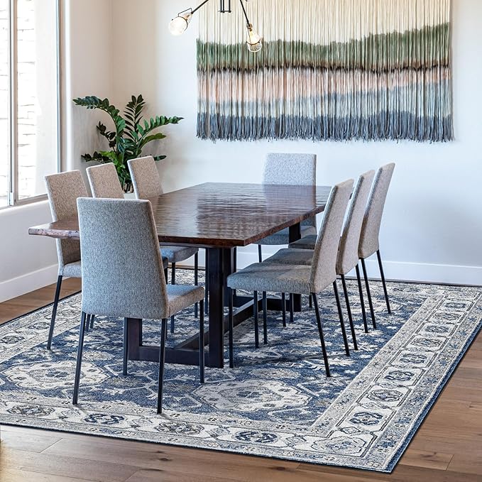 VK VK·LIVING Machine Washable Rug 4'x6' Vintage Design Washable Area Rugs with Non Slip Rugs for Living Room Bedroom Traditional Woven Carpet Stain Resistant Home Decor Office Boho Rug (Navy)